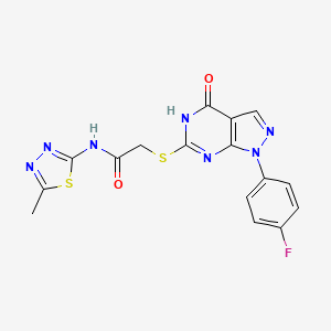 molecular formula C16H12FN7O2S2 B2760443 2-((1-(4-fluorophenyl)-4-oxo-4,5-dihydro-1H-pyrazolo[3,4-d]pyrimidin-6-yl)thio)-N-(5-methyl-1,3,4-thiadiazol-2-yl)acetamide CAS No. 534593-32-3