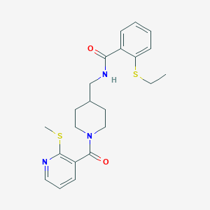 molecular formula C22H27N3O2S2 B2760472 2-(ethylthio)-N-((1-(2-(methylthio)nicotinoyl)piperidin-4-yl)methyl)benzamide CAS No. 1234904-40-5
