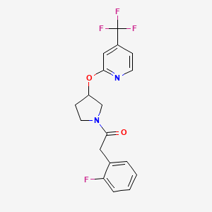 molecular formula C18H16F4N2O2 B2760475 2-(2-氟苯基)-1-(3-((4-(三氟甲基)吡啶-2-基)氧基)吡咯啉-1-基)乙酮 CAS No. 2034363-79-4