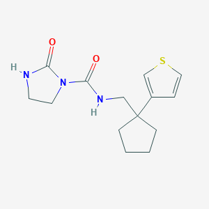 molecular formula C14H19N3O2S B2760490 2-oxo-N-((1-(thiophen-3-yl)cyclopentyl)methyl)imidazolidine-1-carboxamide CAS No. 2034409-57-7
