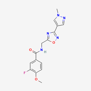 molecular formula C15H14FN5O3 B2760554 3-fluoro-4-methoxy-N-((3-(1-methyl-1H-pyrazol-4-yl)-1,2,4-oxadiazol-5-yl)methyl)benzamide CAS No. 2034385-57-2