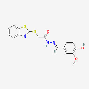 molecular formula C17H15N3O3S2 B2760601 2-(1,3-benzothiazol-2-ylsulfanyl)-N'-[(E)-(4-hydroxy-3-methoxyphenyl)methylidene]acetohydrazide CAS No. 851932-61-1