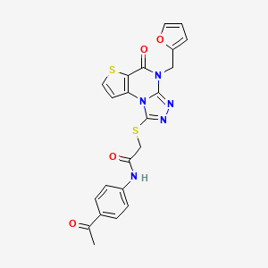 molecular formula C22H17N5O4S2 B2760605 N-(4-acetylphenyl)-2-((4-(furan-2-ylmethyl)-5-oxo-4,5-dihydrothieno[2,3-e][1,2,4]triazolo[4,3-a]pyrimidin-1-yl)thio)acetamide CAS No. 1223893-42-2