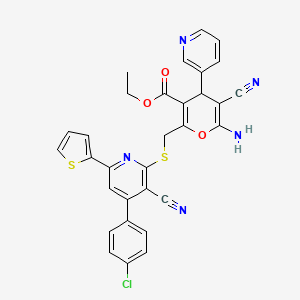 molecular formula C31H22ClN5O3S2 B2760679 ethyl 6-amino-2-({[4-(4-chlorophenyl)-3-cyano-6-(thiophen-2-yl)pyridin-2-yl]sulfanyl}methyl)-5-cyano-4-(pyridin-3-yl)-4H-pyran-3-carboxylate CAS No. 316357-73-0