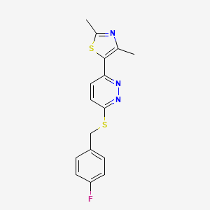 molecular formula C16H14FN3S2 B2760719 5-(6-((4-Fluorobenzyl)thio)pyridazin-3-yl)-2,4-dimethylthiazole CAS No. 894006-50-9