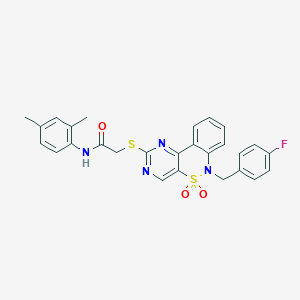 molecular formula C27H23FN4O3S2 B2760730 N-(2,4-dimethylphenyl)-2-{[6-(4-fluorobenzyl)-5,5-dioxido-6H-pyrimido[5,4-c][2,1]benzothiazin-2-yl]thio}acetamide CAS No. 895098-19-8