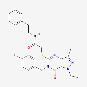 molecular formula C25H26FN5O2S B2760739 2-((1-ethyl-6-(4-fluorobenzyl)-3-methyl-7-oxo-6,7-dihydro-1H-pyrazolo[4,3-d]pyrimidin-5-yl)thio)-N-phenethylacetamide CAS No. 1358629-97-6