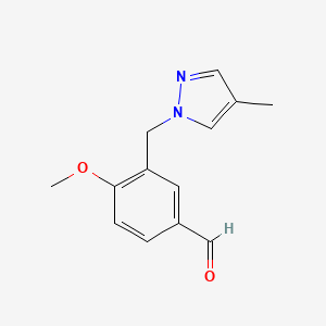 molecular formula C13H14N2O2 B2760746 4-methoxy-3-[(4-methyl-1H-pyrazol-1-yl)methyl]benzaldehyde CAS No. 956183-42-9