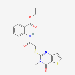 molecular formula C18H17N3O4S2 B2760781 Ethyl 2-({[(3-methyl-4-oxo-3,4-dihydrothieno[3,2-d]pyrimidin-2-yl)sulfanyl]acetyl}amino)benzoate CAS No. 1252923-10-6
