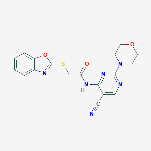 molecular formula C18H16N6O3S B276089 2-(1,3-benzoxazol-2-ylsulfanyl)-N-(5-cyano-2-morpholino-pyrimidin-4-yl)acetamide 