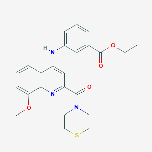 molecular formula C24H25N3O4S B2760956 Ethyl 3-{[8-methoxy-2-(thiomorpholine-4-carbonyl)quinolin-4-yl]amino}benzoate CAS No. 1251679-44-3