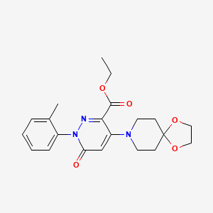 molecular formula C21H25N3O5 B2761066 Ethyl 4-(1,4-dioxa-8-azaspiro[4.5]dec-8-yl)-1-(2-methylphenyl)-6-oxo-1,6-dihydropyridazine-3-carboxylate CAS No. 923185-21-1