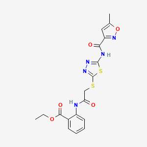 molecular formula C18H17N5O5S2 B2761074 Ethyl 2-(2-((5-(5-methylisoxazole-3-carboxamido)-1,3,4-thiadiazol-2-yl)thio)acetamido)benzoate CAS No. 1219841-76-5