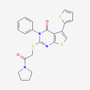 molecular formula C22H19N3O2S3 B2761079 2-{[2-氧代-2-(吡咯啉-1-基)乙基]硫代}-3-苯基-5-(噻吩-2-基)-3H,4H-噻吩并[2,3-d]嘧啶-4-酮 CAS No. 379239-21-1