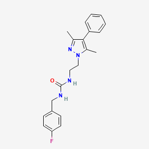 molecular formula C21H23FN4O B2761213 1-(2-(3,5-二甲基-4-苯基-1H-吡唑-1-基)乙基)-3-(4-氟苯甲基)脲 CAS No. 2034293-24-6