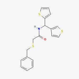 molecular formula C18H17NOS3 B2761226 2-(benzylthio)-N-(thiophen-2-yl(thiophen-3-yl)methyl)acetamide CAS No. 2034305-68-3