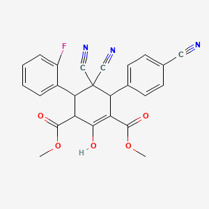molecular formula C25H18FN3O5 B2761232 二甲基-5,5-二氰-6-(4-氰苯基)-4-(2-氟苯基)-2-羟基-1-环己烯-1,3-二甲酸二酯 CAS No. 1212097-79-4