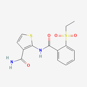 molecular formula C14H14N2O4S2 B2761271 2-(2-(乙基磺酰基)苯甲酰基)噻吩-3-甲酰胺 CAS No. 898459-18-2