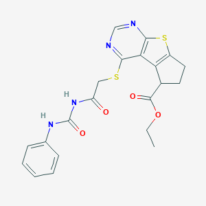 molecular formula C21H20N4O4S2 B276129 ethyl 4-({2-[(anilinocarbonyl)amino]-2-oxoethyl}sulfanyl)-6,7-dihydro-5H-cyclopenta[4,5]thieno[2,3-d]pyrimidine-5-carboxylate 