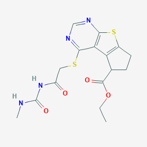 molecular formula C16H18N4O4S2 B276130 ethyl 4-[(2-{[(methylamino)carbonyl]amino}-2-oxoethyl)sulfanyl]-6,7-dihydro-5H-cyclopenta[4,5]thieno[2,3-d]pyrimidine-5-carboxylate 