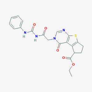 molecular formula C21H20N4O5S B276131 ethyl 3-{2-[(anilinocarbonyl)amino]-2-oxoethyl}-4-oxo-3,5,6,7-tetrahydro-4H-cyclopenta[4,5]thieno[2,3-d]pyrimidine-5-carboxylate 