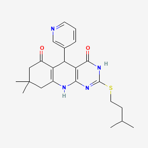 molecular formula C23H28N4O2S B2761351 2-(isopentylthio)-8,8-dimethyl-5-(pyridin-3-yl)-7,8,9,10-tetrahydropyrimido[4,5-b]quinoline-4,6(3H,5H)-dione CAS No. 631855-04-4