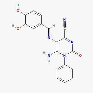 molecular formula C18H13N5O3 B2761361 5-(1-aza-2-(3,4-dihydroxyphenyl)vinyl)-4-imino-2-oxo-3-phenyl-1H-1,3-diazine-6-carbonitrile CAS No. 1274947-87-3