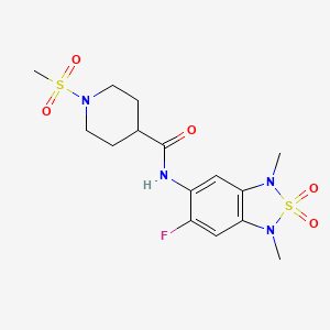 molecular formula C15H21FN4O5S2 B2761375 N-(6-fluoro-1,3-dimethyl-2,2-dioxido-1,3-dihydrobenzo[c][1,2,5]thiadiazol-5-yl)-1-(methylsulfonyl)piperidine-4-carboxamide CAS No. 2034261-70-4