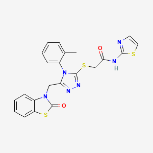 molecular formula C22H18N6O2S3 B2761395 2-((5-((2-oxobenzo[d]thiazol-3(2H)-yl)methyl)-4-(o-tolyl)-4H-1,2,4-triazol-3-yl)thio)-N-(thiazol-2-yl)acetamide CAS No. 847402-89-5