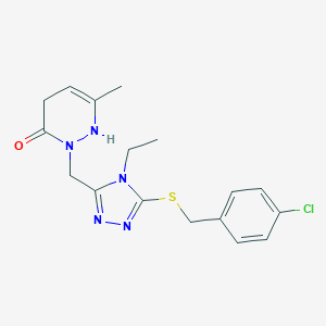 molecular formula C17H20ClN5OS B276145 2-({5-[(4-chlorobenzyl)sulfanyl]-4-ethyl-4H-1,2,4-triazol-3-yl}methyl)-6-methyl-1,4-dihydro-3(2H)-pyridazinone 