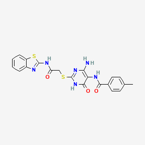 molecular formula C21H18N6O3S2 B2761453 N-(4-amino-2-((2-(benzo[d]thiazol-2-ylamino)-2-oxoethyl)thio)-6-oxo-1,6-dihydropyrimidin-5-yl)-4-methylbenzamide CAS No. 872597-56-3