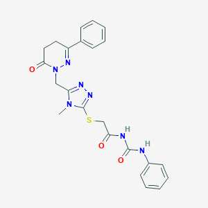 molecular formula C23H23N7O3S B276149 N-[({4-methyl-5-[(6-oxo-3-phenyl-5,6-dihydro-1(4H)-pyridazinyl)methyl]-4H-1,2,4-triazol-3-yl}sulfanyl)acetyl]-N'-phenylurea 