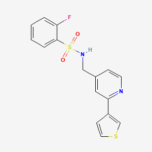 molecular formula C16H13FN2O2S2 B2761556 2-fluoro-N-((2-(thiophen-3-yl)pyridin-4-yl)methyl)benzenesulfonamide CAS No. 2034301-12-5