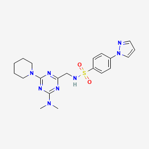 molecular formula C20H26N8O2S B2761601 N-((4-(二甲氨基)-6-(哌啶-1-基)-1,3,5-三嗪-2-基)甲基)-4-(1H-吡唑-1-基)苯磺酰胺 CAS No. 2034471-82-2