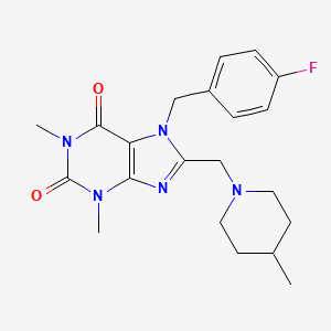 molecular formula C21H26FN5O2 B2761731 7-(4-fluorobenzyl)-1,3-dimethyl-8-[(4-methylpiperidin-1-yl)methyl]-3,7-dihydro-1H-purine-2,6-dione CAS No. 851937-90-1