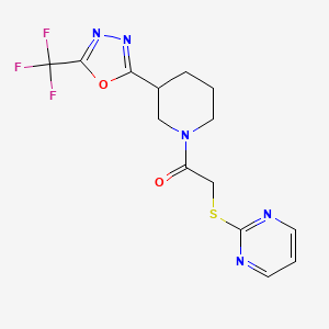 B2761750 2-(Pyrimidin-2-ylthio)-1-(3-(5-(trifluoromethyl)-1,3,4-oxadiazol-2-yl)piperidin-1-yl)ethanone CAS No. 1396680-59-3