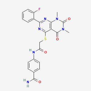 molecular formula C23H19FN6O4S B2761778 4-(2-((2-(2-Fluorophenyl)-6,8-dimethyl-5,7-dioxo-5,6,7,8-tetrahydropyrimido[4,5-d]pyrimidin-4-yl)thio)acetamido)benzamide CAS No. 893914-77-7