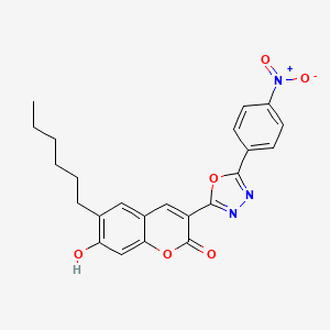 molecular formula C23H21N3O6 B2761780 6-hexyl-7-hydroxy-3-[5-(4-nitrophenyl)-1,3,4-oxadiazol-2-yl]-2H-chromen-2-one CAS No. 333773-17-4