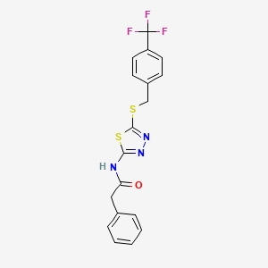 molecular formula C18H14F3N3OS2 B2761785 2-phenyl-N-(5-((4-(trifluoromethyl)benzyl)thio)-1,3,4-thiadiazol-2-yl)acetamide CAS No. 392301-21-2