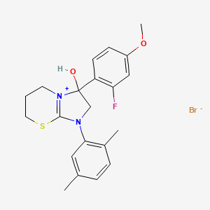 molecular formula C21H24BrFN2O2S B2761838 1-(2,5-dimethylphenyl)-3-(2-fluoro-4-methoxyphenyl)-3-hydroxy-3,5,6,7-tetrahydro-2H-imidazo[2,1-b][1,3]thiazin-1-ium bromide CAS No. 1101775-87-4