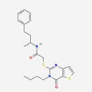 molecular formula C22H27N3O2S2 B2761840 2-[(3-丁基-4-氧代-3,4-二氢噻吩并[3,2-d]嘧啶-2-基)硫代]-N-(4-苯基丁-2-基)乙酰胺 CAS No. 1252876-46-2