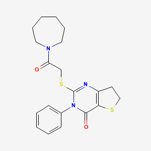 molecular formula C20H23N3O2S2 B2761850 2-[2-(Azepan-1-yl)-2-oxoethyl]sulfanyl-3-phenyl-6,7-dihydrothieno[3,2-d]pyrimidin-4-one CAS No. 686770-04-7