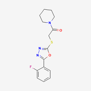 molecular formula C15H16FN3O2S B2761851 2-[5-(2-Fluoro-phenyl)-[1,3,4]oxadiazol-2-ylsulfanyl]-1-piperidin-1-yl-ethanone CAS No. 459846-29-8