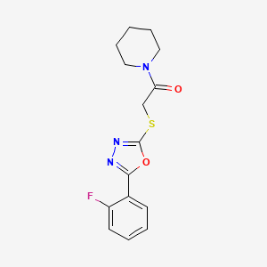 molecular formula C15H16FN3O2S B2761851 2-{[5-(2-fluorophenyl)-1,3,4-oxadiazol-2-yl]sulfanyl}-1-(piperidin-1-yl)ethan-1-one CAS No. 459846-29-8