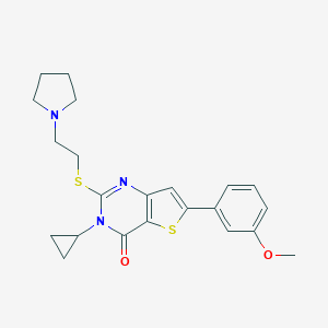 molecular formula C22H25N3O2S2 B276187 3-cyclopropyl-6-(3-methoxyphenyl)-2-{[2-(1-pyrrolidinyl)ethyl]sulfanyl}thieno[3,2-d]pyrimidin-4(3H)-one 