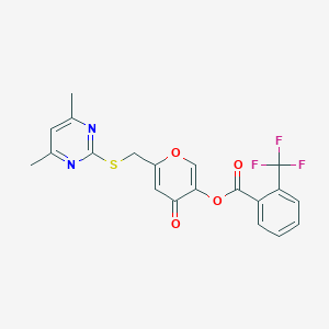 molecular formula C20H15F3N2O4S B2761947 6-(((4,6-dimethylpyrimidin-2-yl)thio)methyl)-4-oxo-4H-pyran-3-yl 2-(trifluoromethyl)benzoate CAS No. 877636-62-9