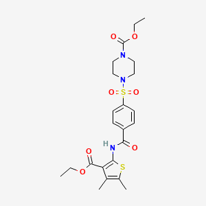 molecular formula C23H29N3O7S2 B2762039 Ethyl 4-((4-((3-(ethoxycarbonyl)-4,5-dimethylthiophen-2-yl)carbamoyl)phenyl)sulfonyl)piperazine-1-carboxylate CAS No. 398999-16-1