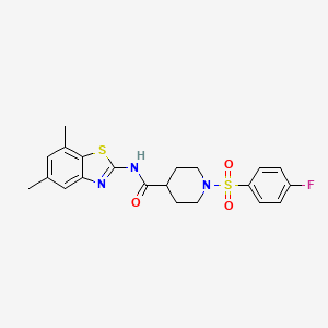 molecular formula C21H22FN3O3S2 B2762058 N-(5,7-dimethylbenzo[d]thiazol-2-yl)-1-((4-fluorophenyl)sulfonyl)piperidine-4-carboxamide CAS No. 923509-20-0