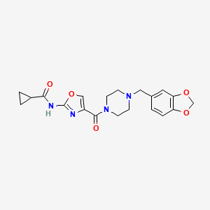 molecular formula C20H22N4O5 B2762069 N-(4-(4-(benzo[d][1,3]dioxol-5-ylmethyl)piperazine-1-carbonyl)oxazol-2-yl)cyclopropanecarboxamide CAS No. 1351614-05-5
