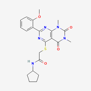 molecular formula C22H25N5O4S B2762080 N-环戊基-2-((2-(2-甲氧基苯基)-6,8-二甲基-5,7-二氧代-5,6,7,8-四氢嘧啶-4-基)硫)乙酰胺 CAS No. 872838-31-8